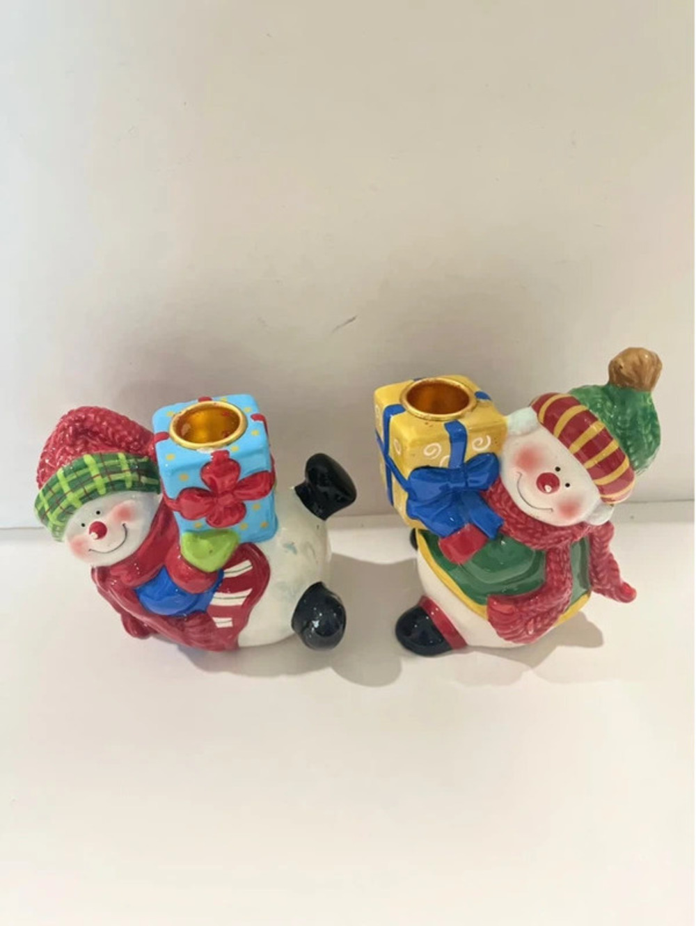 2pc Snowman with present candle holders Christmas